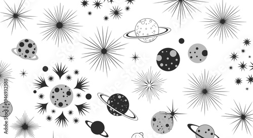 A seamless black and white pattern featuring retro-style planets stars and starbursts in a whimsical mid-century modern design.