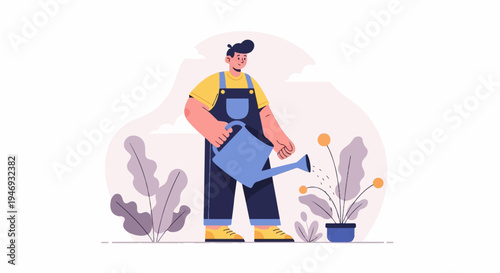 Person tending to plants with a watering can against a light background
