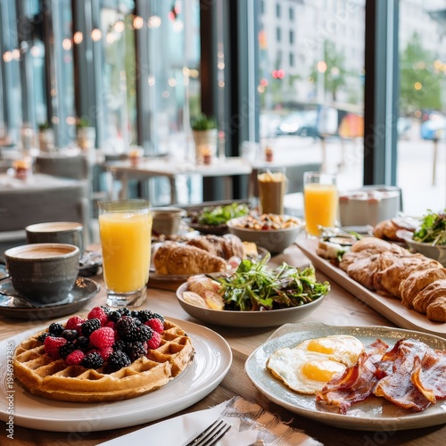 Bright Morning Breakfast Table with Waffles Fruits Croissants Eggs Bacon Juices and Coffee in Cozy Cafe