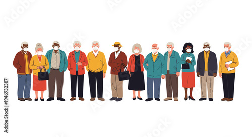 A diverse group of multicultural senior citizens men and women standing together in a line while wearing protective face masks.