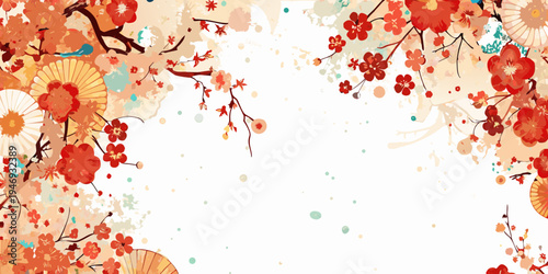 Floral arrangement with cherry blossoms fans and delicate watercolor textures