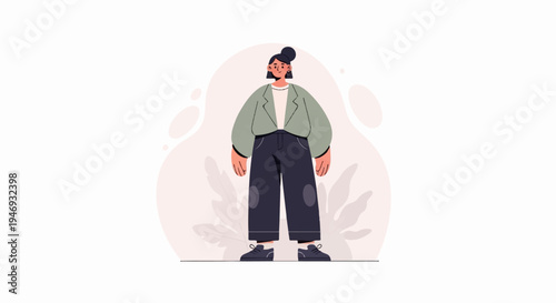 Flat illustration of a stylish person with dark hair in a bun, wearing a casual jacket and wide-leg pants