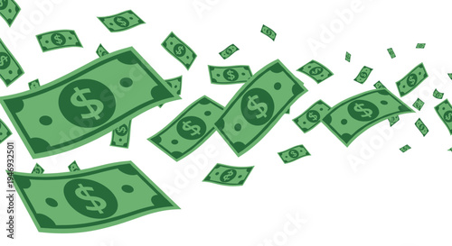 Green cartoon dollar bills flying and falling through the air in a dynamic illustration of wealth success and financial concepts.