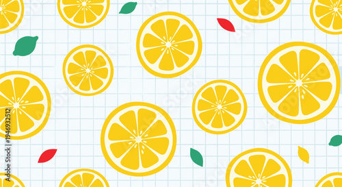 A fresh and cheerful seamless pattern of bright yellow lemon slices and colorful leaves on a light blue checkered background.