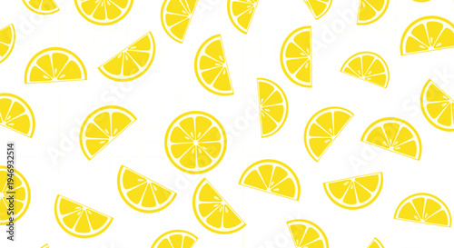 A simple and refreshing seamless pattern of bright yellow lemon slices and wedges scattered across a clean white background design.