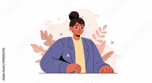 Stylized illustration of a smiling woman with a bun, glasses, and a blue blazer