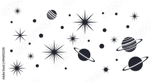 A set of black and white retro mid-century modern space icons including various stylized stars planets and cosmic elements.