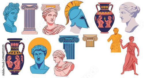 A collection of classical ancient Greek and Roman art elements including marble statues ionic columns and decorated pottery vases.