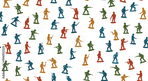 A seamless repeating background pattern of colorful plastic toy soldiers in classic military poses on a clean white backdrop.