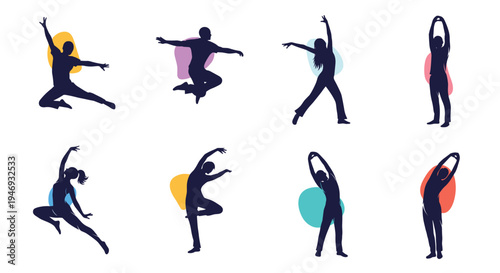 A collection of dynamic black silhouettes of men and women dancing and stretching with colorful abstract shapes in the background.
