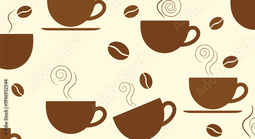 A seamless repeating pattern of brown coffee cups with steam and roasted coffee beans on a warm light beige background design.