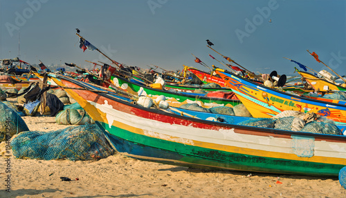 Chennai Beach, Bay of Bengal, Chennai, Tamil Nadu, India, 20-February-2026, old fishing boat
