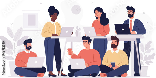 Diverse group collaborating around laptops in a modern office setting