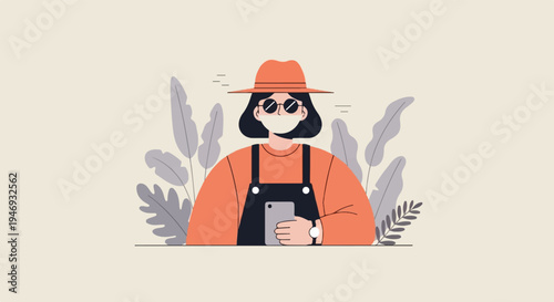 Person wearing mask, hat and sunglasses holds phone, surrounded by plants