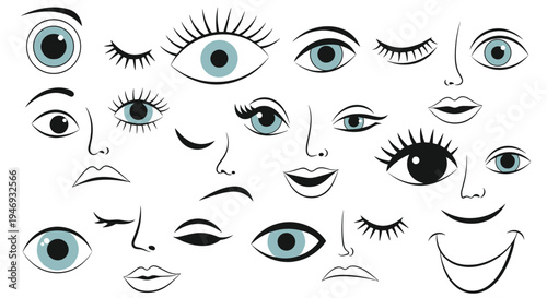 A set of hand-drawn cartoon faces and eyes with various whimsical expressions like smiling winking and looking surprised.