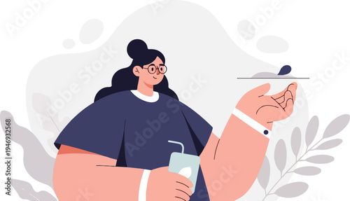 A woman with glasses and dark hair holds a drink while presenting a small item on a tray