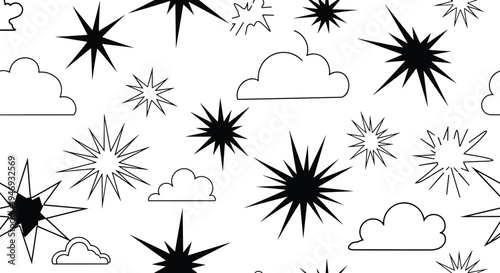 A seamless black and white pattern of dynamic comic book style explosions starbursts and fluffy clouds on a white background.