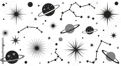 A collection of celestial and astrological design elements including stars planets constellations and starbursts in a black style.