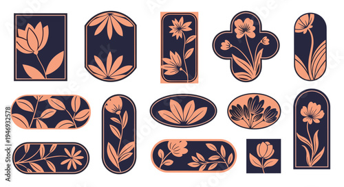 A set of modern botanical labels and tags in various shapes featuring elegant stylized flower and leaf designs in muted tones.