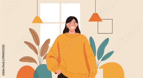 A smiling person in a cozy sweater stands indoors near plants and hanging lights