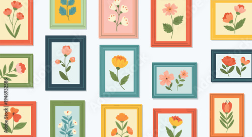 A colorful illustration of a gallery wall filled with many different framed pictures of beautifully stylized botanical flower art.