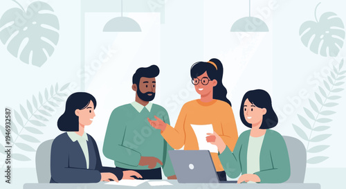 Diverse team collaborating around a laptop with plants in a modern office