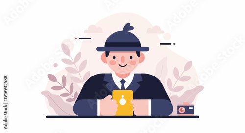 A smiling person in a hat and suit holds a yellow device, with plants and a camera nearby