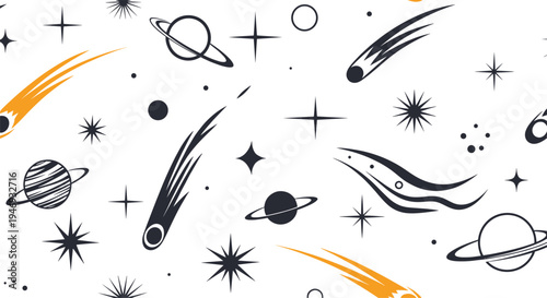 A dynamic and seamless outer space pattern with stylized comets planets and stars in a retro black white and orange color scheme.