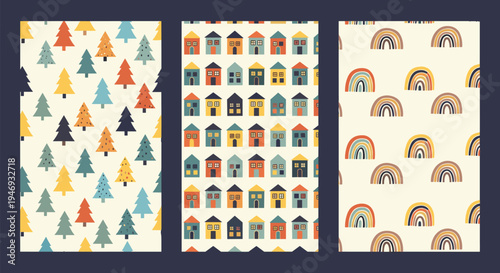 A set of three cute seamless patterns for kids featuring colorful Christmas trees charming little houses and minimalist rainbows.