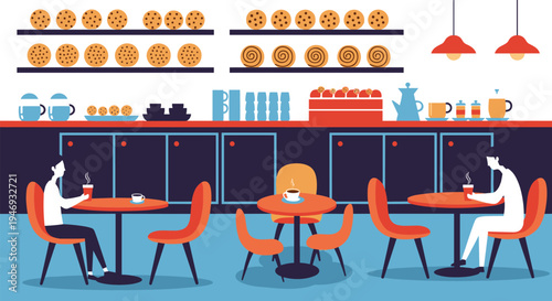 A modern flat design illustration of a cozy coffee shop interior with customers enjoying coffee among shelves of baked goods.