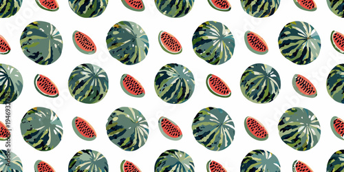 A repeating pattern of colorful watermelon slices and whole fruits