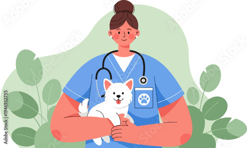 A smiling veterinarian in blue scrubs holds a fluffy white dog, with plants in the background