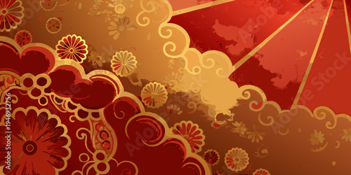 Abstract floral background with swirling designs in shades of red and gold