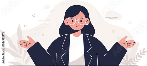 A stylized woman with glasses and dark hair, wearing a suit jacket, gestures with open hands