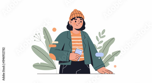 A stylized person in a beanie and jacket holds a phone amidst foliage