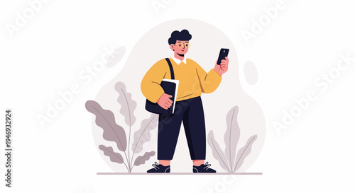 Young person with a bag and phone, surrounded by abstract plant shapes