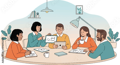 Diverse group collaborates around a table, sharing ideas and working on projects