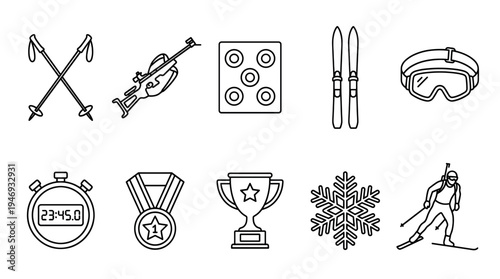 This illustration features a collection of outline icons representing various elements of biathlon sport, including equipment, trophies, and a snowflake.