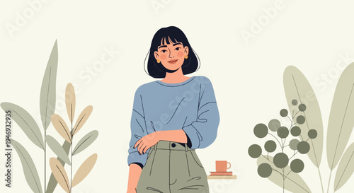 A woman in a blue sweater and green pants stands with plants and a cup