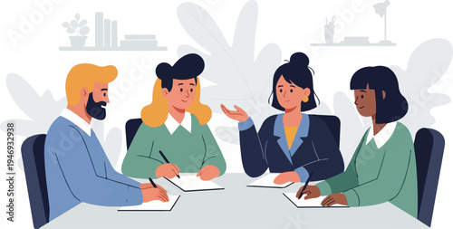 Diverse group of professionals in a collaborative meeting, actively discussing ideas at a conference table