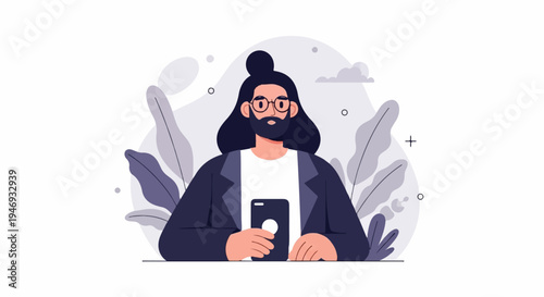Modern man with beard, glasses, and bun hairstyle holds phone amidst abstract foliage
