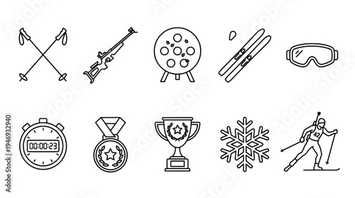 A clean line art collection of biathlon sports icons including skis, rifle, target, poles, goggles, stopwatch, medal, trophy, snowflake, and skier.