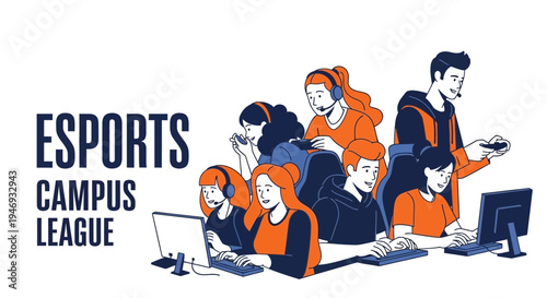 Esports Campus League: Dynamic Illustration Of Young People Engaging In Competitive Gaming