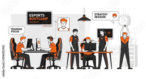 Esports Bootcamp Training Strategy Session With Players And Coaches Illustration