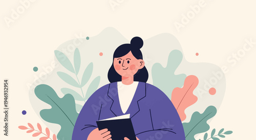 A woman in a suit holding a book, surrounded by abstract plant shapes