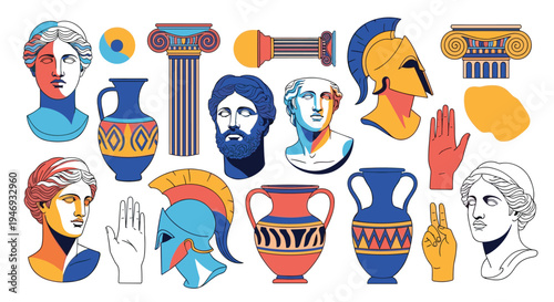 A vibrant collection of ancient Greek sculptures columns and artifacts reimagined in a modern pop art style with bold colors.