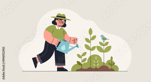 Person waters plants in a garden with a small bird watching