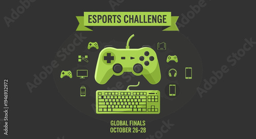 Esports Challenge: Global Finals Event Announcement Featuring Game Controller and Keyboard