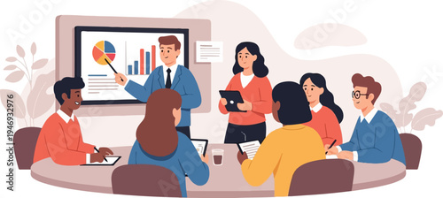 A diverse group of people are in a meeting, some presenting data and others taking notes