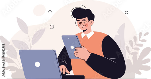 A person wearing glasses and an orange sweater uses a laptop and tablet